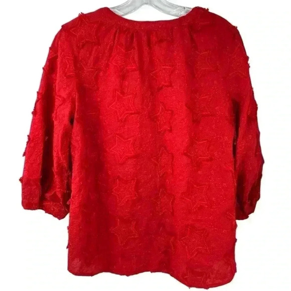 Chico's Women's Embroidered Stars Peasant Top Blouse Red Size 6 Casual - Picture 8 of 9